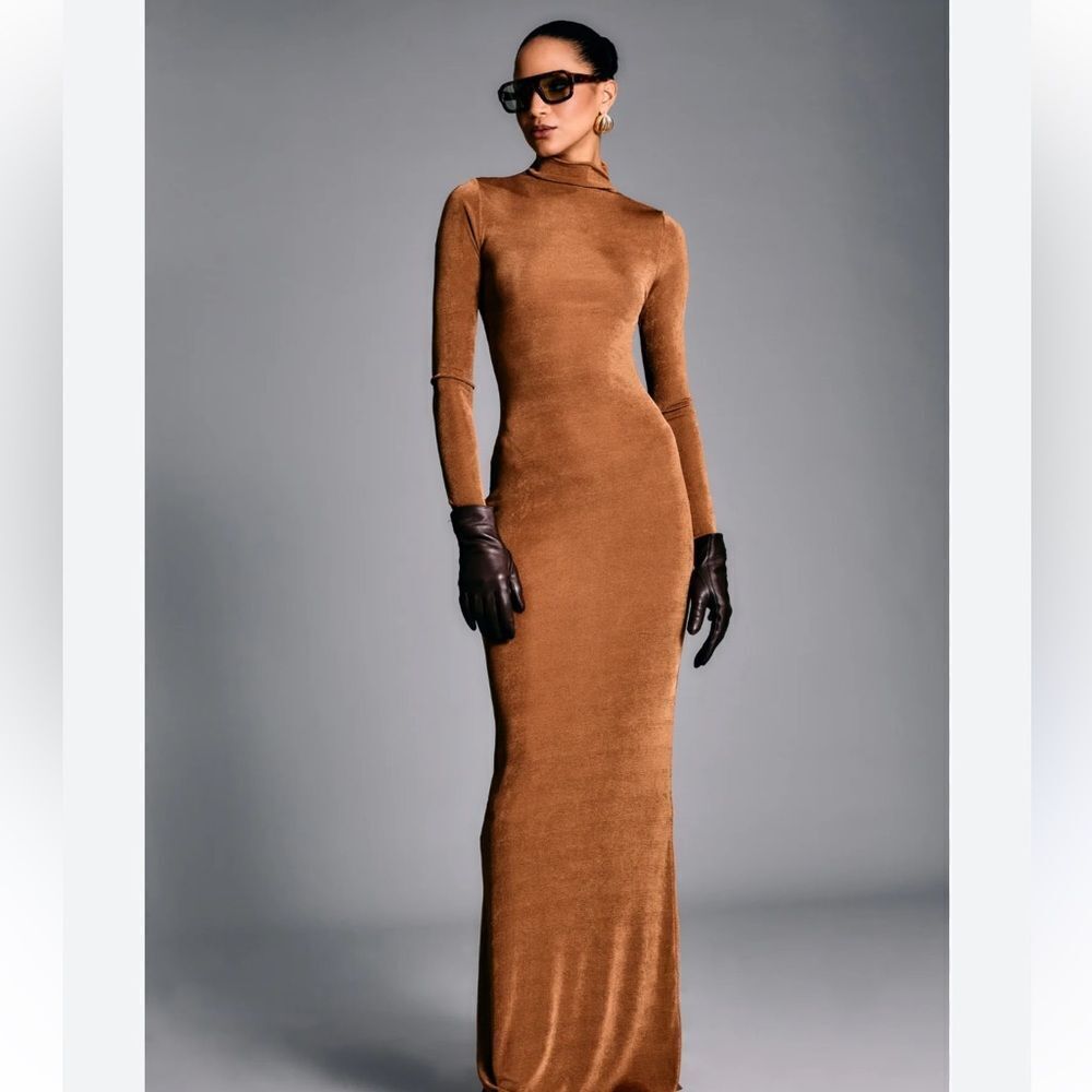 SER.O.YA Kim Brown Mock Neck Bodycon Dress maxi gown $258 NWT M
